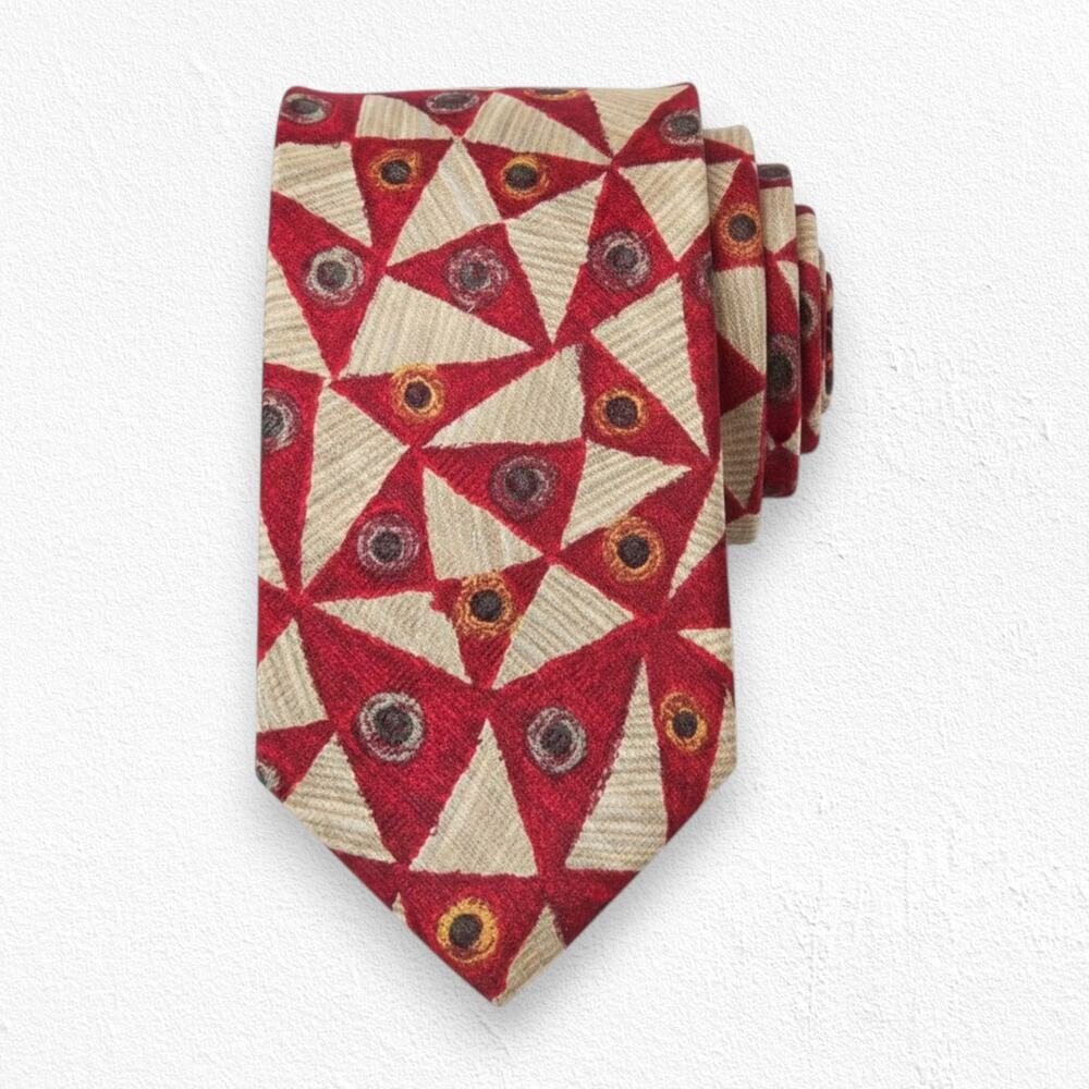 90s Vintage Bugatti Red Bold Geometric Luxury Designer Italian Silk Neck Tie